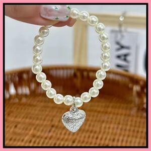 Labubu Pearl Beaded Necklace with Silver Heart Charm - White